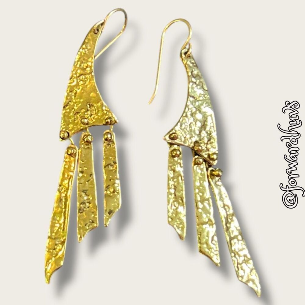 Gold-Tone Geometric Dangle Earrings – Hammered Finish – Abstract Modern - Picture 1 of 7
